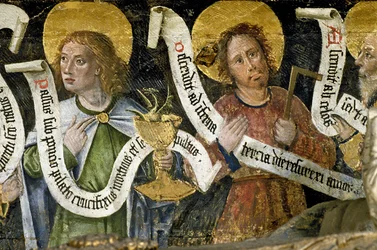 Frankreich - Somme - Département 80 - Amiens - Innenraum der Kathedrale - kleine Vierzeiler in altem Französisch, Untertitel - „Das Martyrium des Heiligen Firmin“ - Heiliger Johannes der Evangelist und Heiliger Thomas